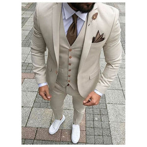 Beige Mens Suits Three Piece Jacket Pants Vest Custom Slim Fit Male Blazer Wedding  Groom Tuxedos men suit