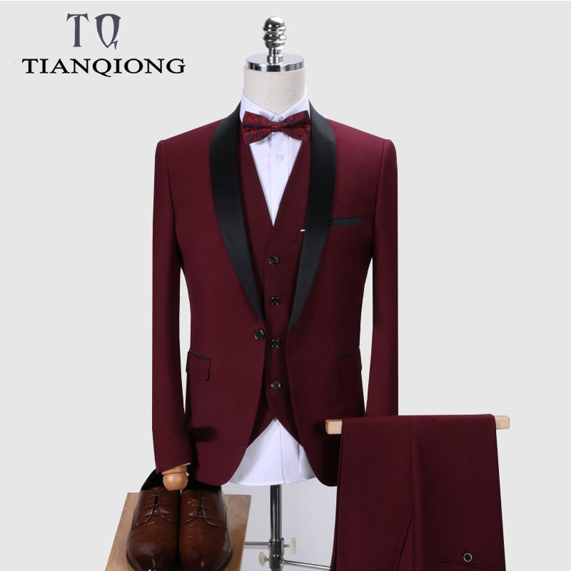 Brand Men Suit 2019 Wedding Suits for Men Shawl Collar 3 Pieces Slim Fit Burgundy Suit Mens Royal Blue Tuxedo Jacket QT977