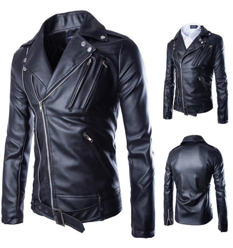 Chao Men's Pu Leather Jacket Coat Turn-collar, Multi-zipper Belt Leather Jacket S-3XL 4XL 5XL Spring and Autumn College Fashion