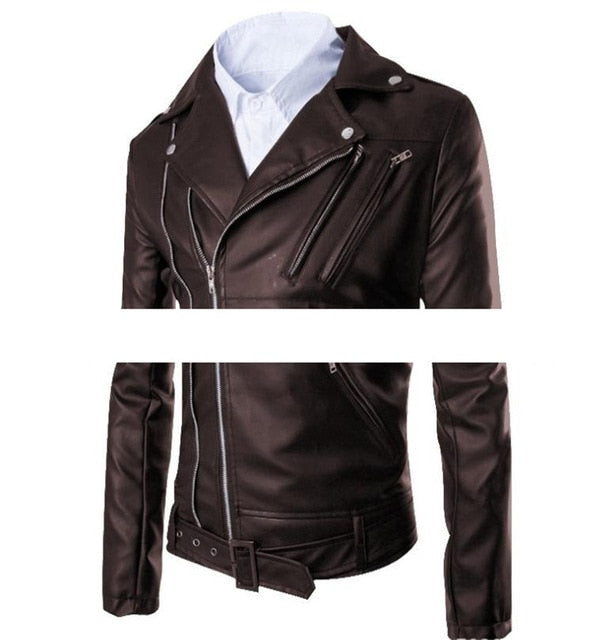Chao Men's Pu Leather Jacket Coat Turn-collar, Multi-zipper Belt Leather Jacket S-3XL 4XL 5XL Spring and Autumn College Fashion