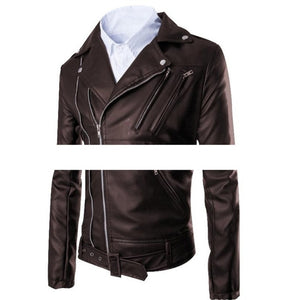 Chao Men's Pu Leather Jacket Coat Turn-collar, Multi-zipper Belt Leather Jacket S-3XL 4XL 5XL Spring and Autumn College Fashion