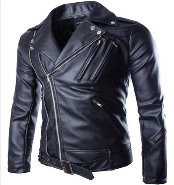 Chao Men's Pu Leather Jacket Coat Turn-collar, Multi-zipper Belt Leather Jacket S-3XL 4XL 5XL Spring and Autumn College Fashion