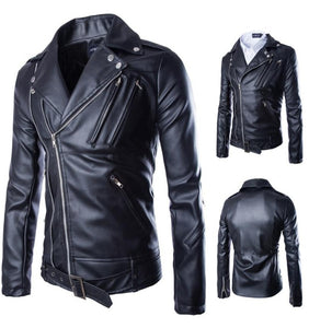 Chao Men's Pu Leather Jacket Coat Turn-collar, Multi-zipper Belt Leather Jacket S-3XL 4XL 5XL Spring and Autumn College Fashion