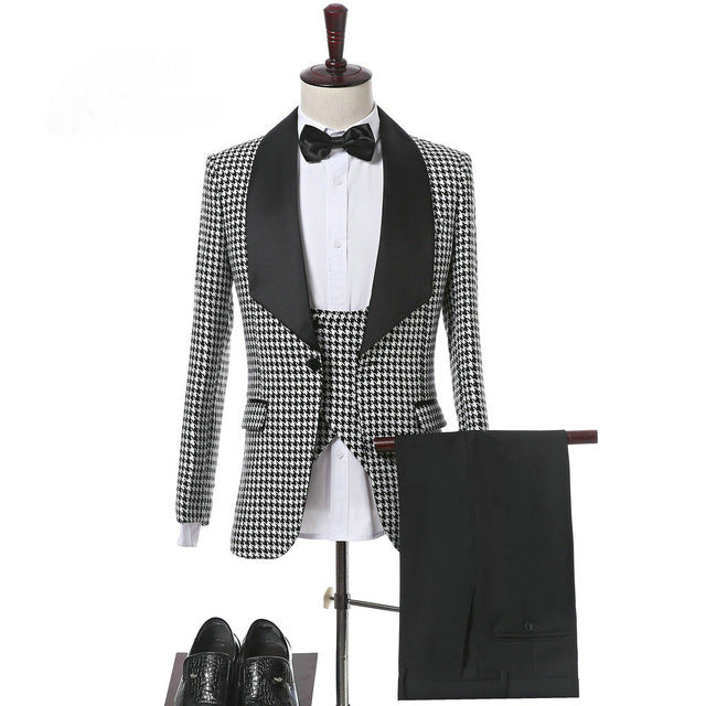 Elegant 3 Piece Men Suit 2019 Morning Dinner Party Prom Suit Houndstooth Groom Wedding Men Suit Blazer Slim Fit Best Man Tuxedo