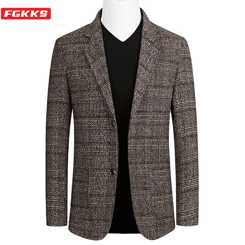 FGKKS Short Blazer Mens Plaid British Stylish Male Blazer Suit Jacket Business Casual One Button Blazer For Men Regular