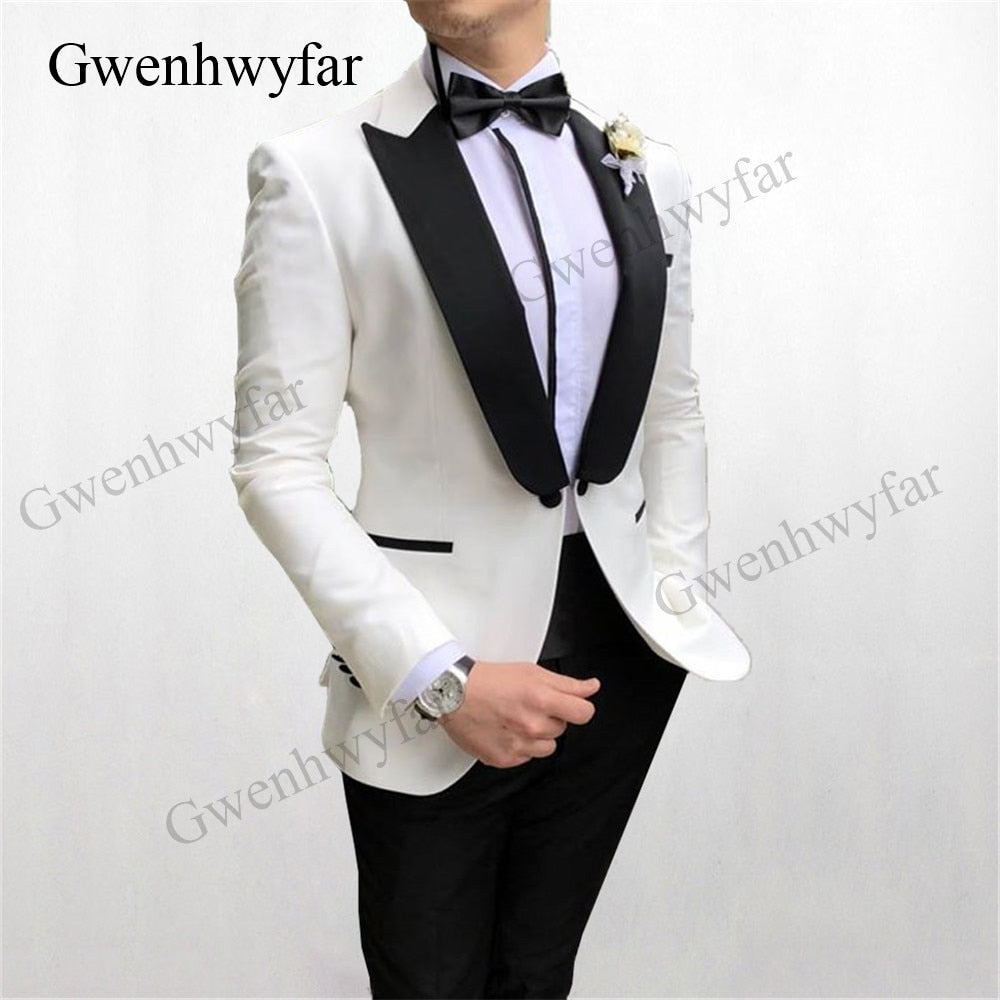 Gwenhwyfar 2020 Ivory Blazer Black pants Suits For Men Custom Buttoned Design Groom men suits Wedding Party Best Wear Suits