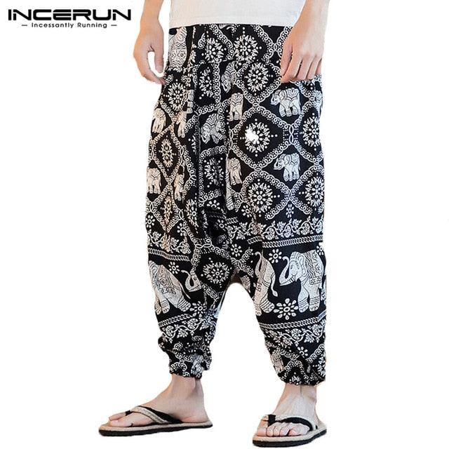 INCERUN 2020 Men Harem Pants Print Retro Drop Crotch Joggers Cotton Trousers Men Baggy Loose Nepal Style Men Casual Pants S-5XL