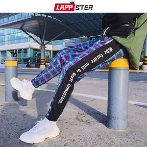 LAPPSTER Men Streetwear Plaid Pants Joggers 2020 Mens Patchwork Blue Sweatpants Ankel-length Cotton Hip Hop Track Pants Trousers