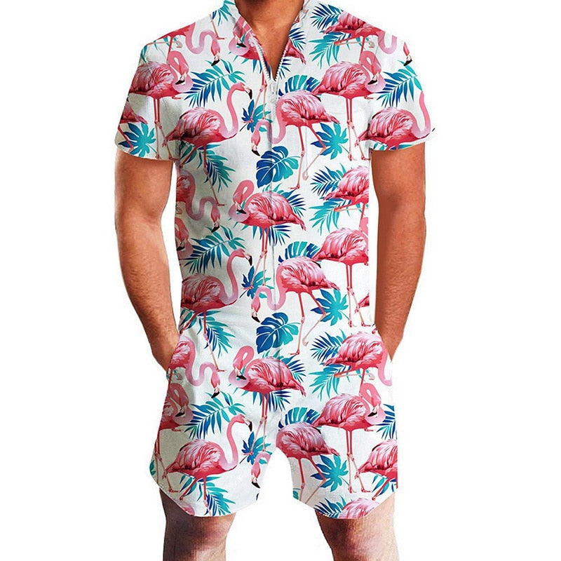 Laamei New Flamingos Floral Print Rompers Men 3D Funny Short Sleeve Jumpsuit Summer Playsuit Overalls Casual One Piece Outfits