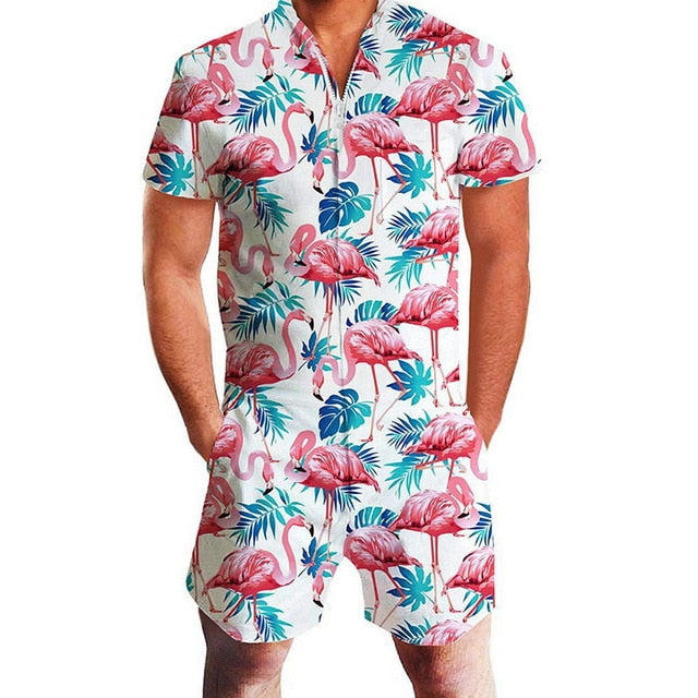 Laamei New Flamingos Floral Print Rompers Men 3D Funny Short Sleeve Jumpsuit Summer Playsuit Overalls Casual One Piece Outfits