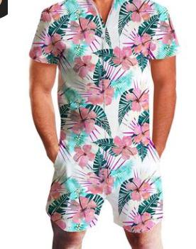 Laamei New Flamingos Floral Print Rompers Men 3D Funny Short Sleeve Jumpsuit Summer Playsuit Overalls Casual One Piece Outfits