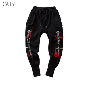 Letter Ribbons Sport Hip Hop Joggers Men Cargo Pants Pockets Track Tactical Casual Techwear Male Trousers Sweatpants Streetwear