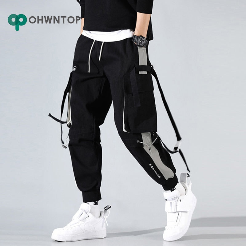 Men Cargo Harem Jogger Pants Men Hip Hop Fashion Casual Track Trousers Streetwear Harajuku Hipster Ribbon Pockets Sweatpants Men