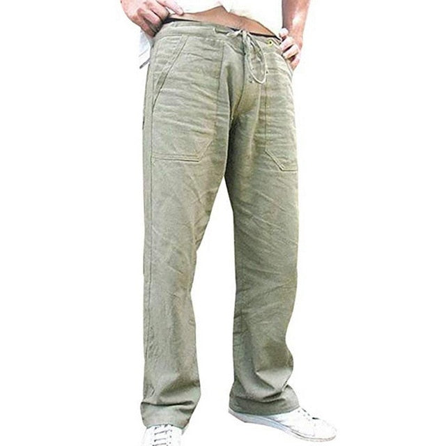 Men Casual Loose Long Pants Drawstring Cotton Linen Straight Trousers Solid Pantalones With Pocket Vintage Autumn Sweatpants