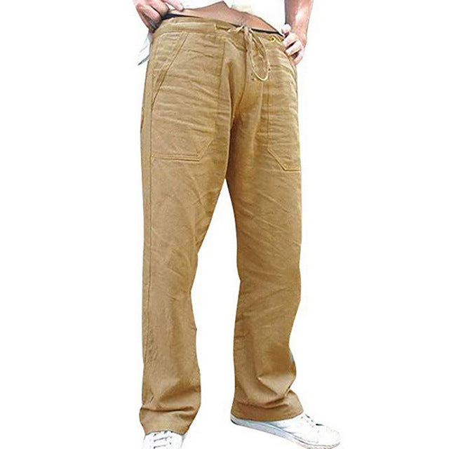 Men Casual Loose Long Pants Drawstring Cotton Linen Straight Trousers Solid Pantalones With Pocket Vintage Autumn Sweatpants