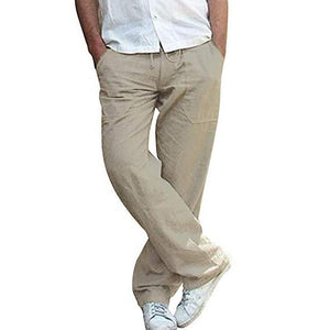 Men Casual Loose Long Pants Drawstring Cotton Linen Straight Trousers Solid Pantalones With Pocket Vintage Autumn Sweatpants