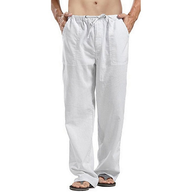 Men Casual Loose Long Pants Drawstring Cotton Linen Straight Trousers Solid Pantalones With Pocket Vintage Autumn Sweatpants