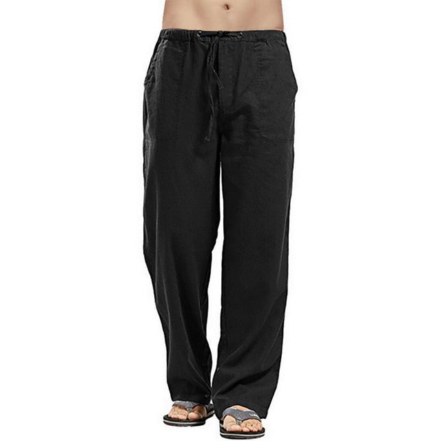 Men Casual Loose Long Pants Drawstring Cotton Linen Straight Trousers Solid Pantalones With Pocket Vintage Autumn Sweatpants