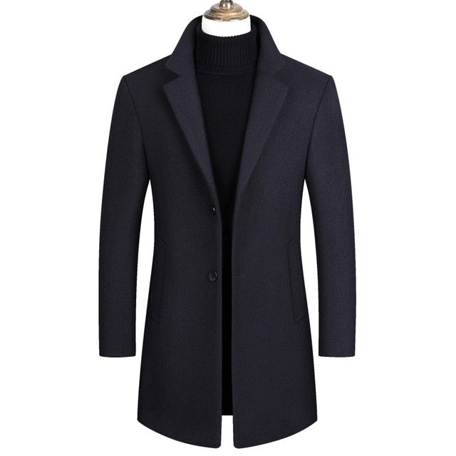 Men Winter Wool Coat Men's Autumn High Quality Solid Color Simple Wool Blends Woolen Pea Coat Male Trench Coat Overcoat