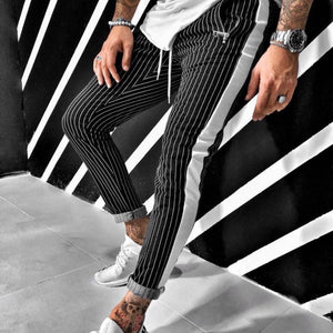 Men's Slim Casual Stripe Print Drawstring Elastic Waist Long Pants Trousers