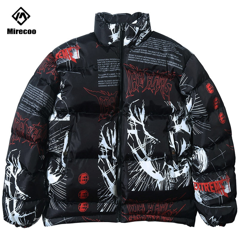 Parka Down Jacket  Japanese Cartoon Graffiti Print Men Winter Padded Jacket Windbreaker Streetwear Harajuku Coat Hip Hop Outwear