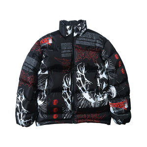 Parka Down Jacket  Japanese Cartoon Graffiti Print Men Winter Padded Jacket Windbreaker Streetwear Harajuku Coat Hip Hop Outwear