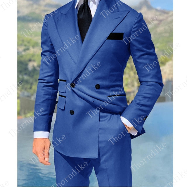 Royal Blue Double Breasted Suits Fashion Men Suits High Quality Custome Homme Terno Slim Fit Masculino Handsome (Jacket+Pants)