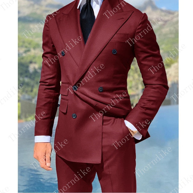 Royal Blue Double Breasted Suits Fashion Men Suits High Quality Custome Homme Terno Slim Fit Masculino Handsome (Jacket+Pants)