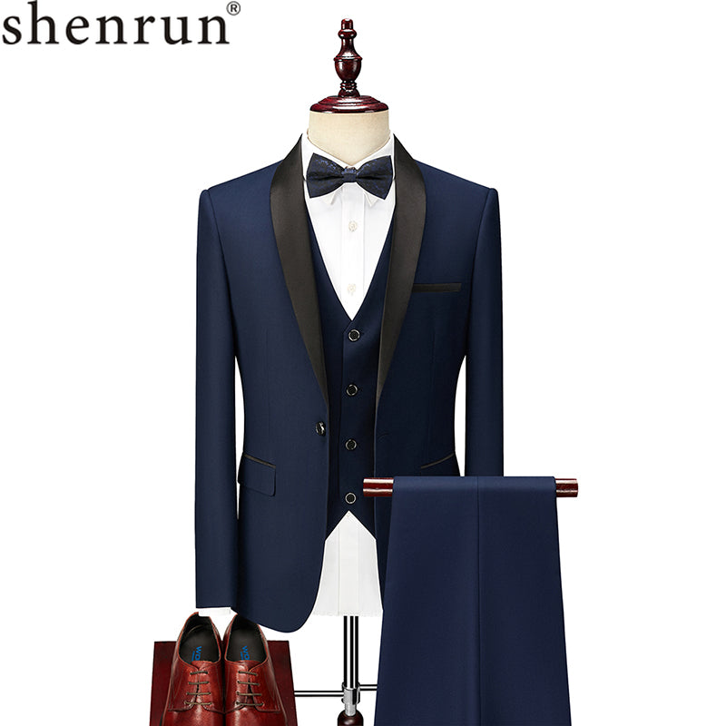 Shenrun Men Suit Tuxedo Groom Wedding Tuxedos Prom Ball  Banquet Formal Suits Marriage Evening Dinner Three Pieces Shawl Lapel