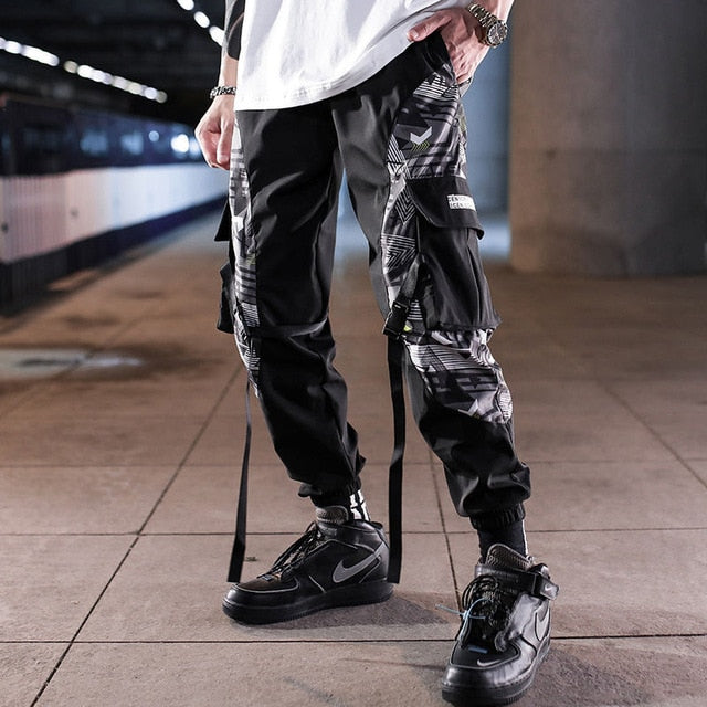 Streetwear Hip Hop Black Harem Pants Men Elastic Waist Punk Pants With Ribbons Casual Slim Jogger Pants Men Hip Hop Trousers