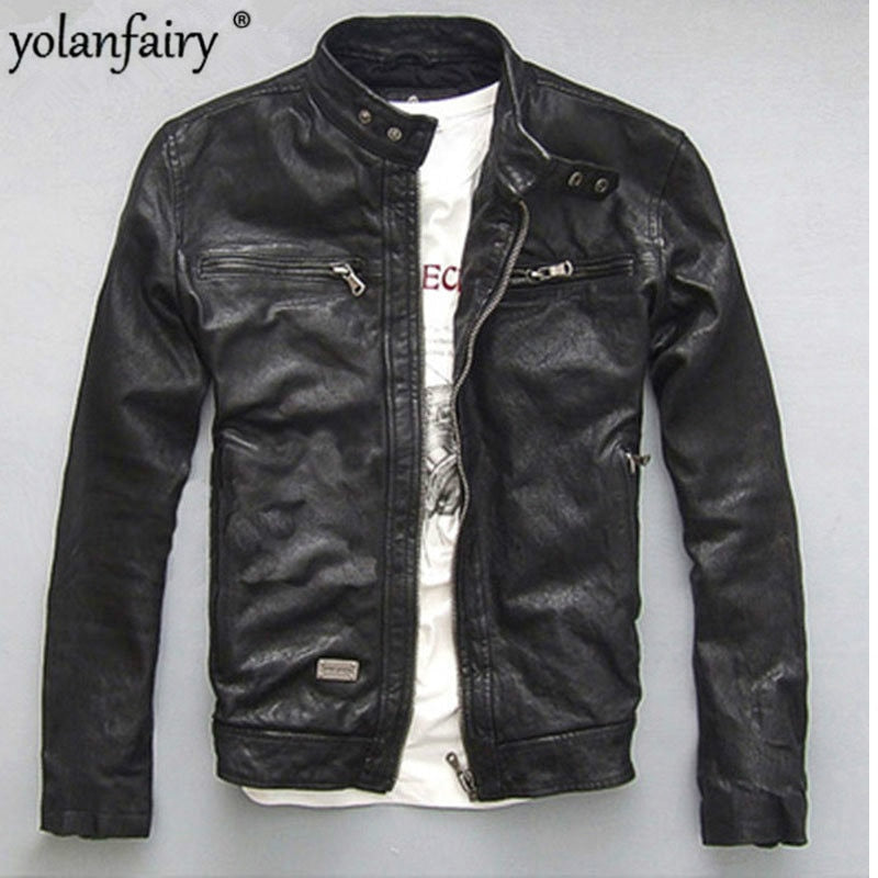 YOLANFAIRY Spring Autumn Men's Genuine Leather Jacket Short Slim Motocycle Jackets For Men Outerwear jaqueta de couro MF030