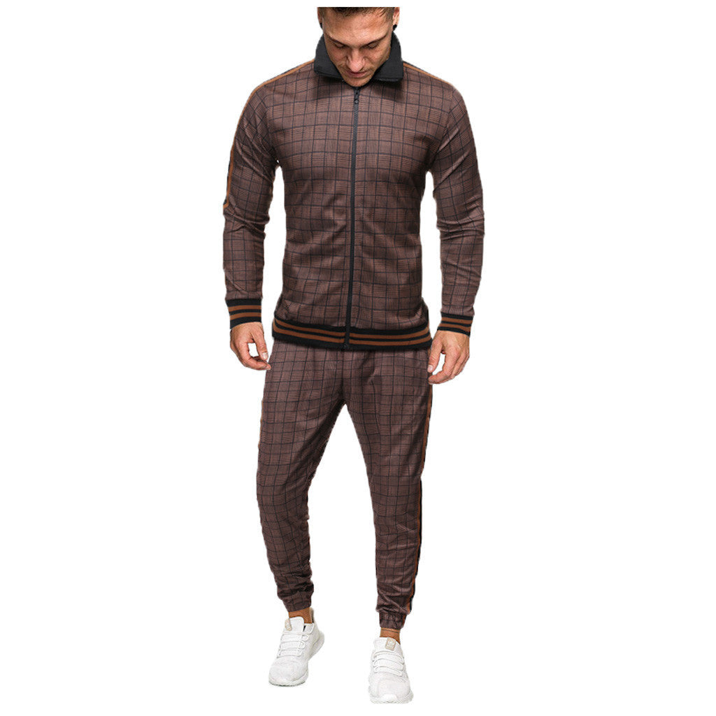 jogging homme men's set Mens Autumn Plaid Printed Zipper Sweatshirt Top Pants Sets Sports Suit Tracksuit мужские куртки #251116