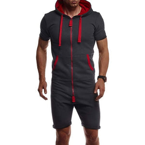 mens Jumpsuits Zipper Hoodies Overalls Jumpsuits Casual Men Sports Jogger One-piece Playsuit Men Short Sleeve Clothes Streetwear