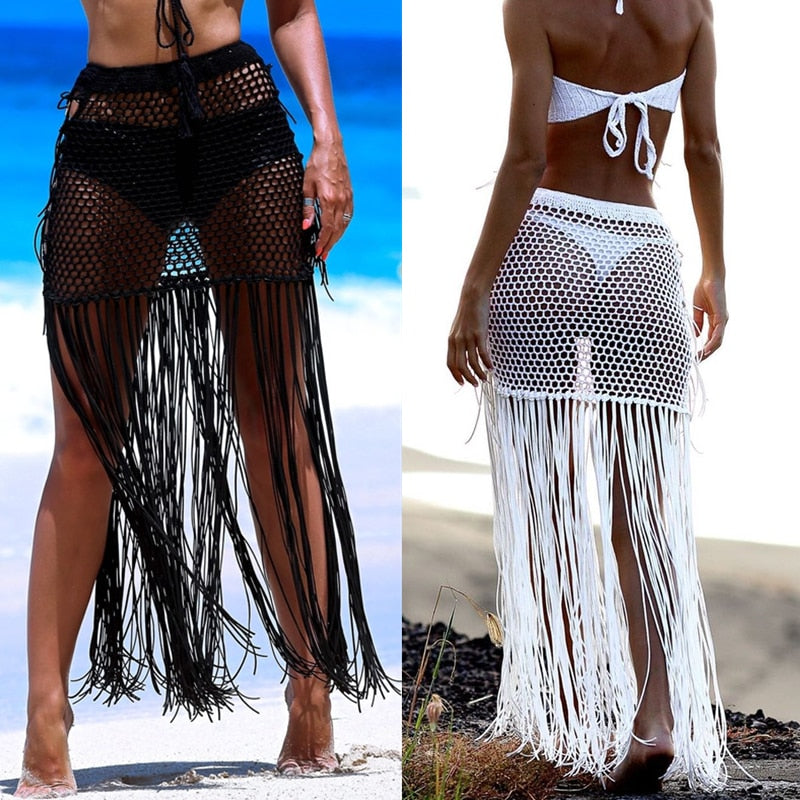 Gypsy Boho Hand Crochet Tassel Skirt, with long fringe Beach Skirt Net Festival clothing