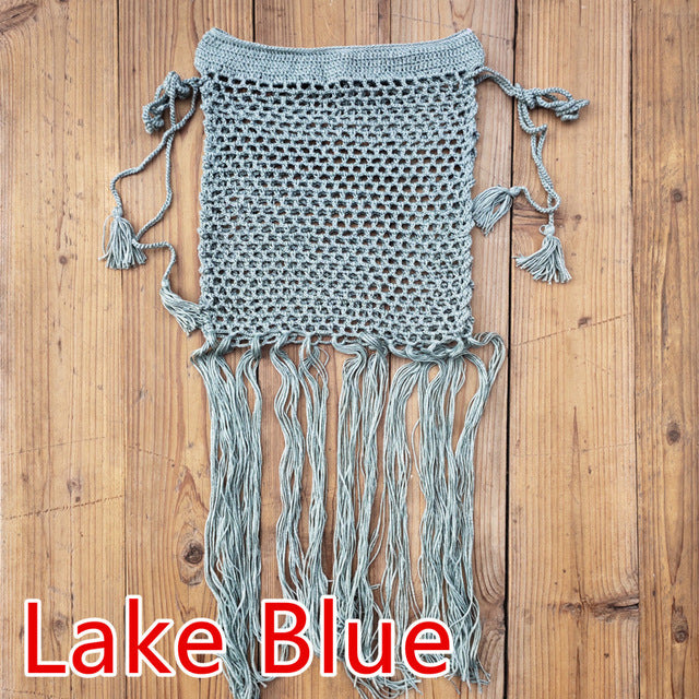 Gypsy Boho Hand Crochet Tassel Skirt, with long fringe Beach Skirt Net Festival clothing