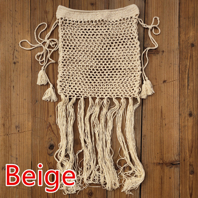 Gypsy Boho Hand Crochet Tassel Skirt, with long fringe Beach Skirt Net Festival clothing