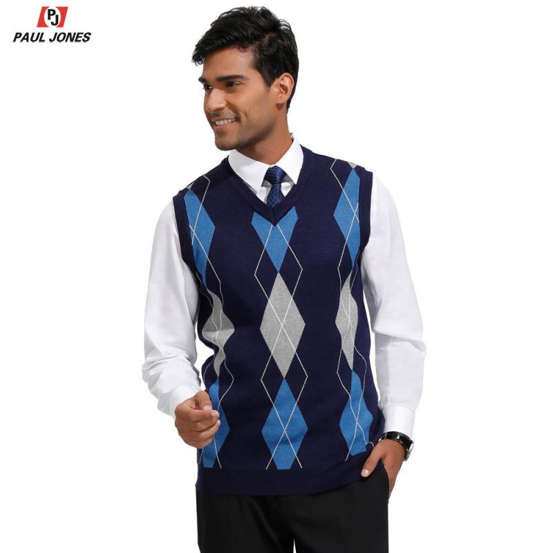 PAUL JONES Men Classic V-Neck Argyle Sweater Vest Stylish Jumper Vest Sleeveless Knitted Pullover Diamond Check Knitwear PJ0228