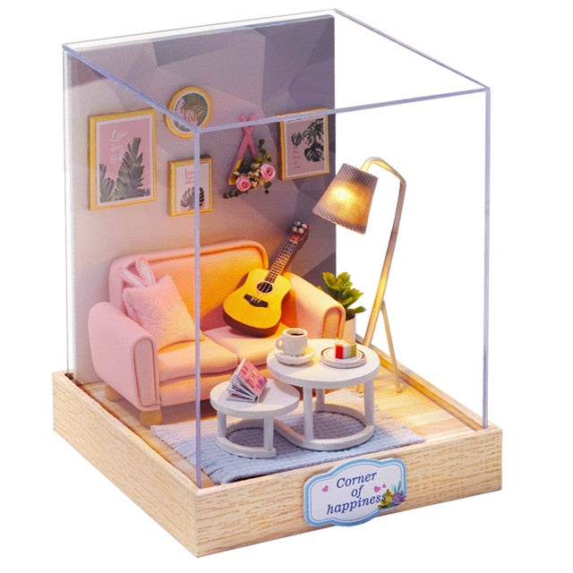 Cutebee DIY House Miniature with Furniture LED Music Dust Cover Model Building Blocks Toys for Children Casa De Boneca TD16