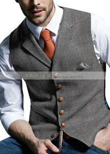 Mens Suit Vest Notched Plaid Wool Herringbone Tweed Waistcoat Casual Formal Business Groomman For Wedding Green/Black/Green/Grey