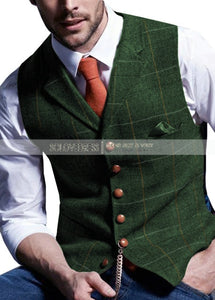 Mens Suit Vest Notched Plaid Wool Herringbone Tweed Waistcoat Casual Formal Business Groomman For Wedding Green/Black/Green/Grey