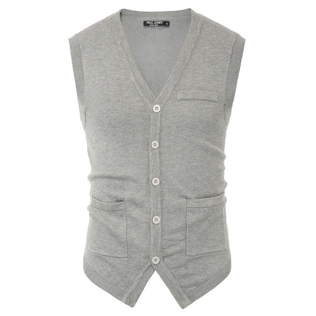 Spring Men's Knitted Sweater Vest Warm Solid Color Knitwear Sleeveless V-Neck Handkerchief Hem Stylish Fashion Slim Tops