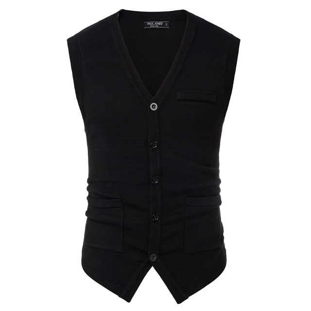 Spring Men's Knitted Sweater Vest Warm Solid Color Knitwear Sleeveless V-Neck Handkerchief Hem Stylish Fashion Slim Tops