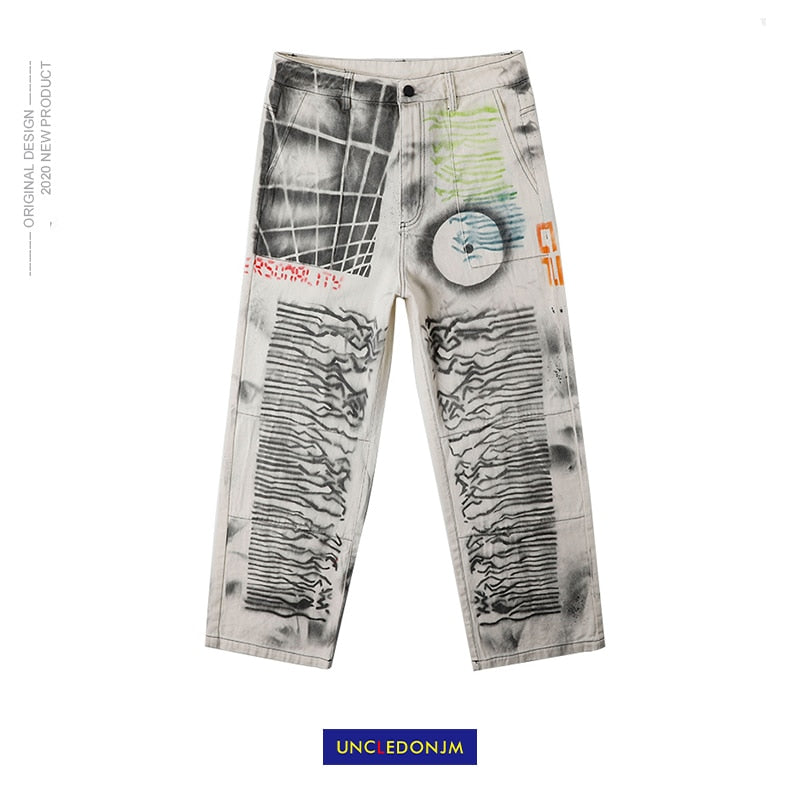 UNCLEDONJM 2020 Streetwear Men Loose Denim Pants Graffiti Print Vintage Denim Pants Harajuku Joggers Trousers Cotton t2-a021