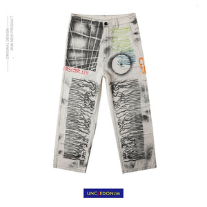 UNCLEDONJM 2020 Streetwear Men Loose Denim Pants Graffiti Print Vintage Denim Pants Harajuku Joggers Trousers Cotton t2-a021