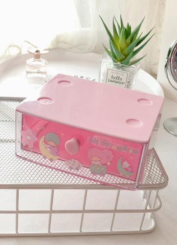 Lovely My Melody Twins Stars Storage Cabinet Drawer Cosmetics Makeup Stationery Organizer Plastic Organiser Drawers Storage Box