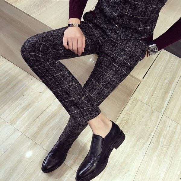 Autumn Winter Mens Plaid Pants British Slim Fit Dress Pants Men Plus Size pantalon carreaux homme casual formal pants For Men