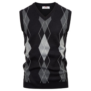 PAUL JONES Men Classic V-Neck Argyle Sweater Vest Stylish Jumper Vest Sleeveless Knitted Pullover Diamond Check Knitwear PJ0228