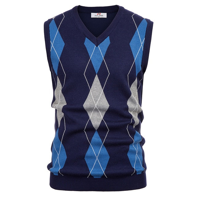 PAUL JONES Men Classic V-Neck Argyle Sweater Vest Stylish Jumper Vest Sleeveless Knitted Pullover Diamond Check Knitwear PJ0228