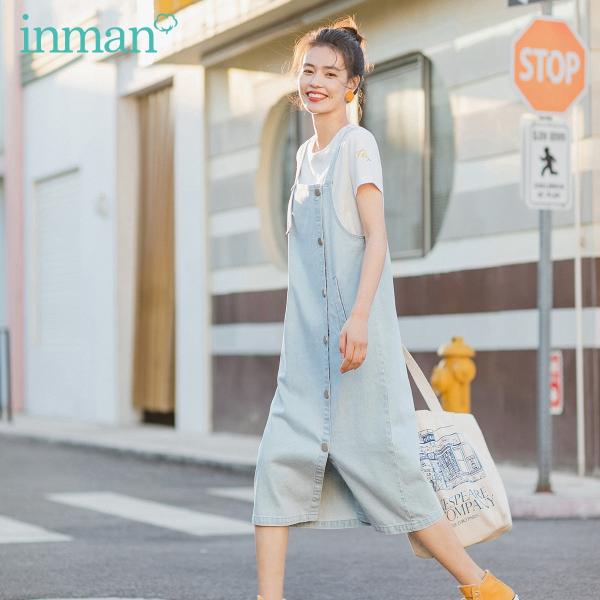 INMAN 2020 Summer New Arrival Literary Iean Suspenders With Leisure Short Sleeve T-shirt Two-piece Suit