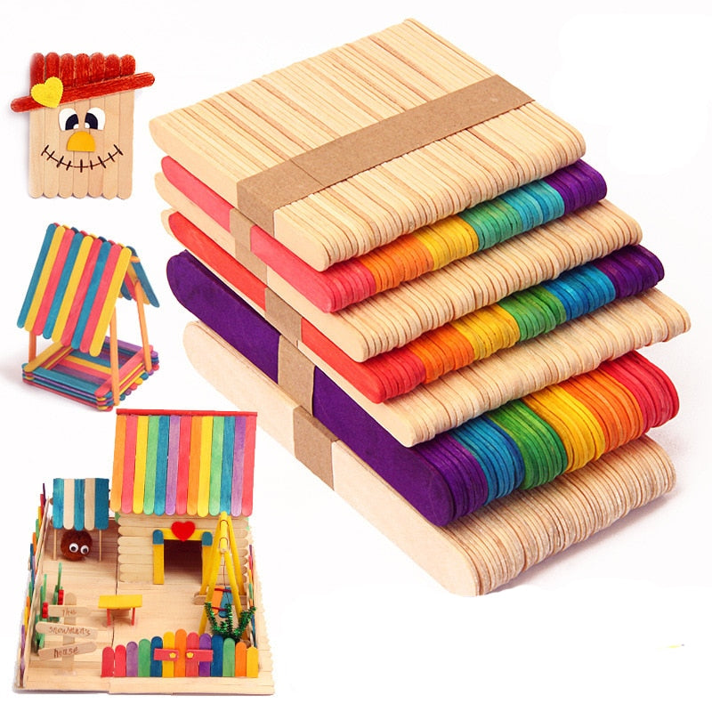 50Pcs DIY Wooden Stick Popsicle Ice Cream Sticks Colorful Hand Crafts Art Creative Educational Toys For Children Kids Baby